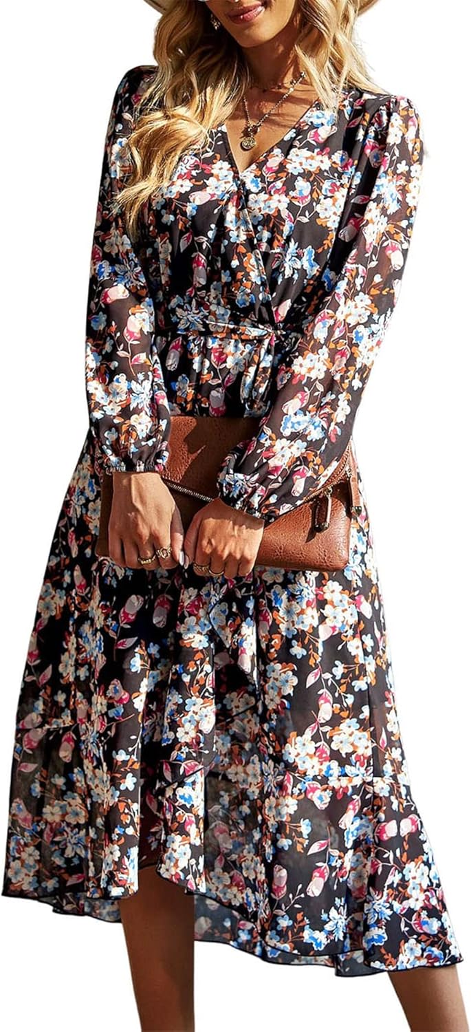PRETTYGARDEN Women's Floral Boho Dress Fall Long Sleeve Wrap V Neck Ruffle Flowy Maxi Spring Wedding Guest Vacation Dresses