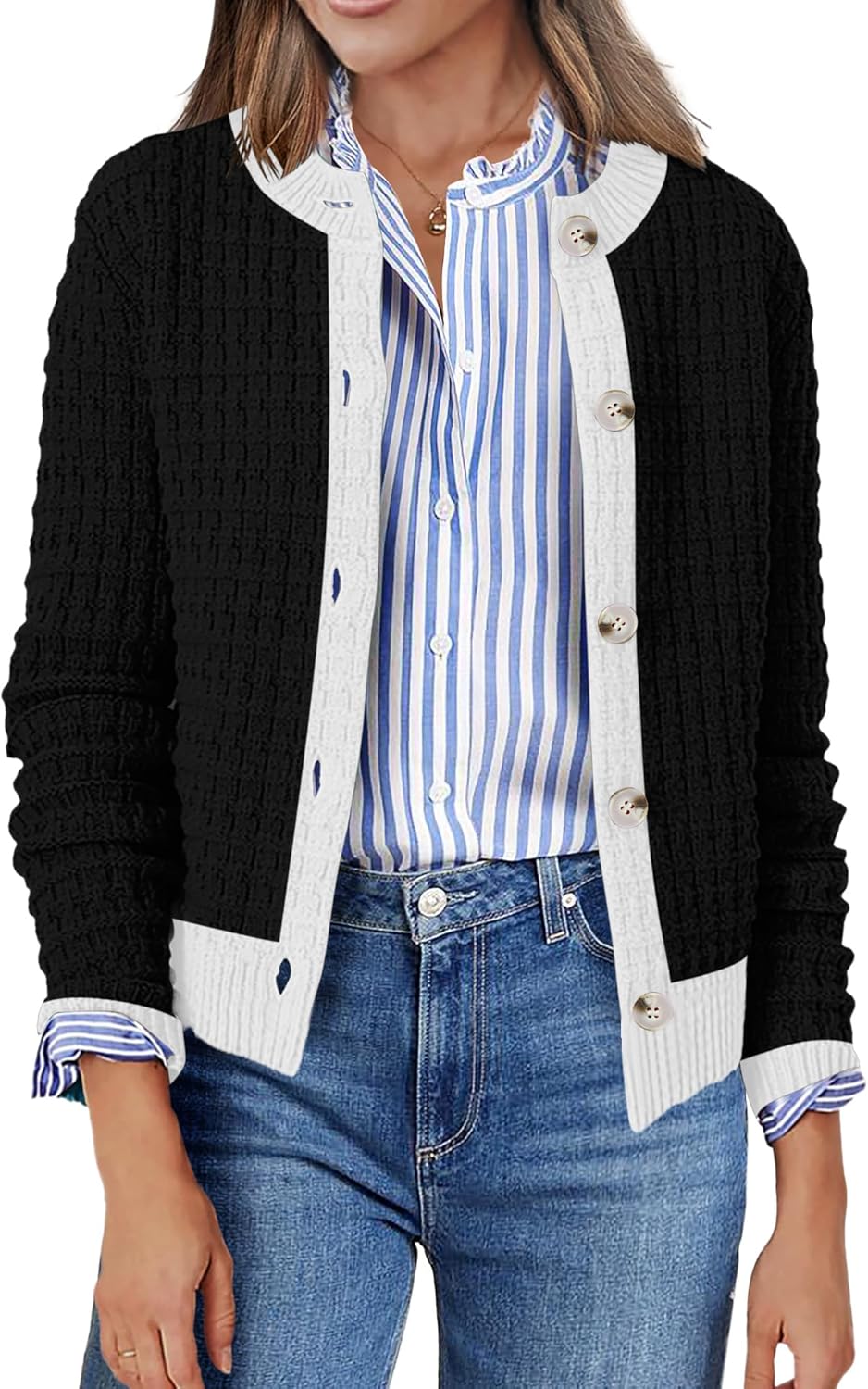 Zeagoo Women's 2025 Cardigan Sweaters Button Down Crew Neck Open Front Long Sleeve Knit Cropped Jackets