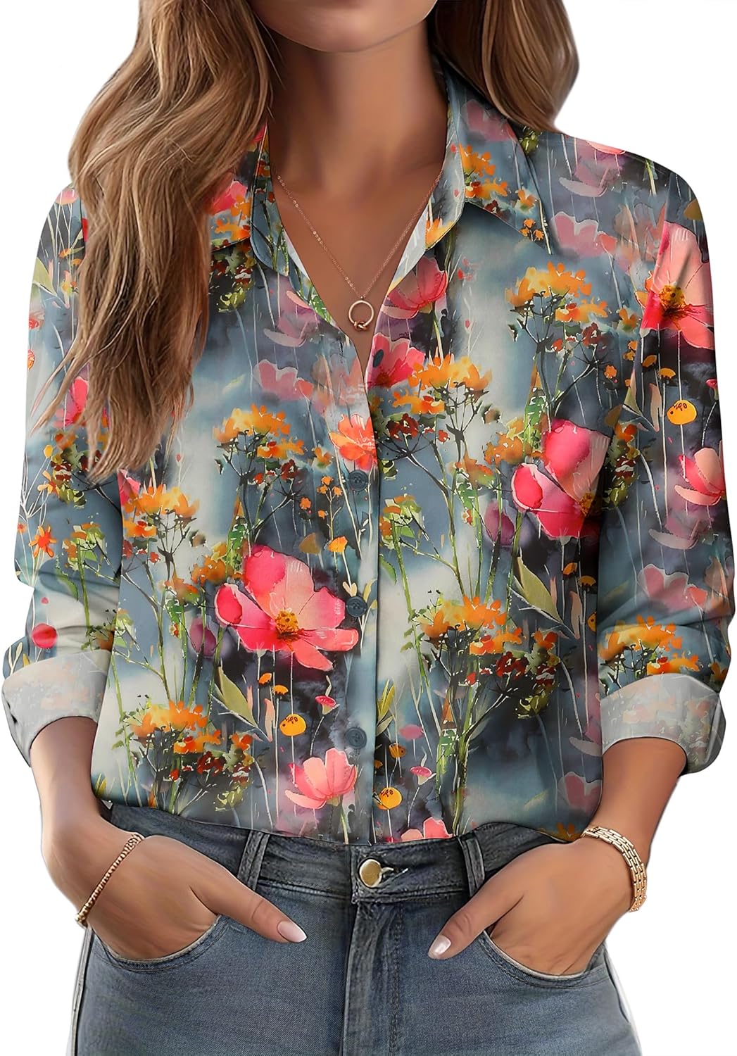 Zeagoo Button Down Shirts for Women Dressy Floral Printed Long Sleeve Blouse Business Casual Work Tops