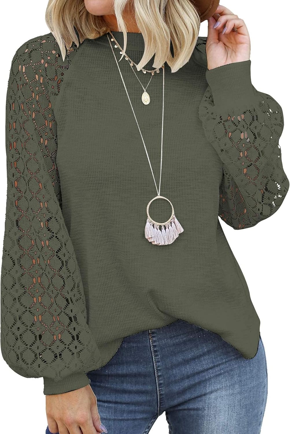 MIHOLL Women’s Long Sleeve Tops Lace Casual Loose Blouses T Shirts