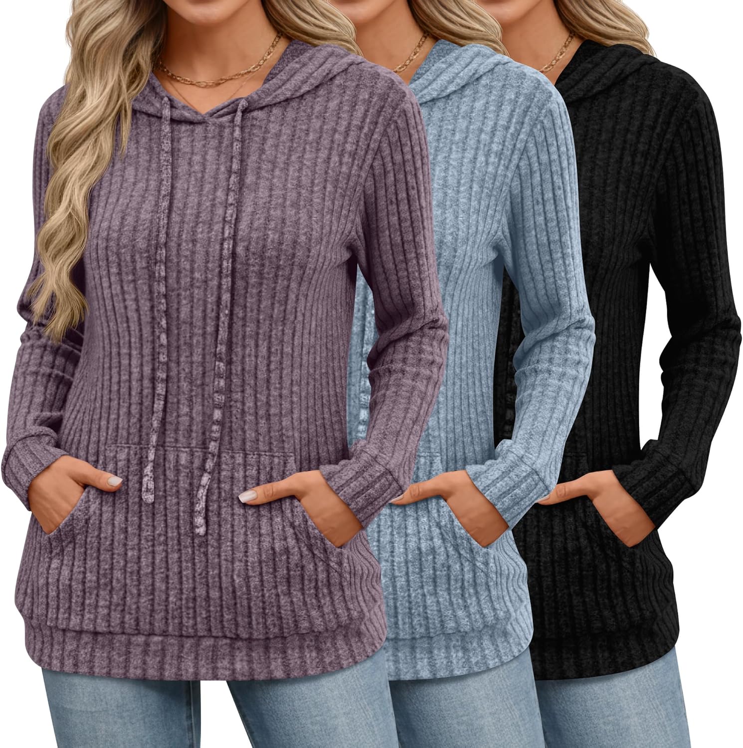 3 Pack Women's Long Sleeve Hoodie Sweaters, Kangaroo Pocket Shirts Loose Knit Tops Drawstring Pullover Sweatshirts