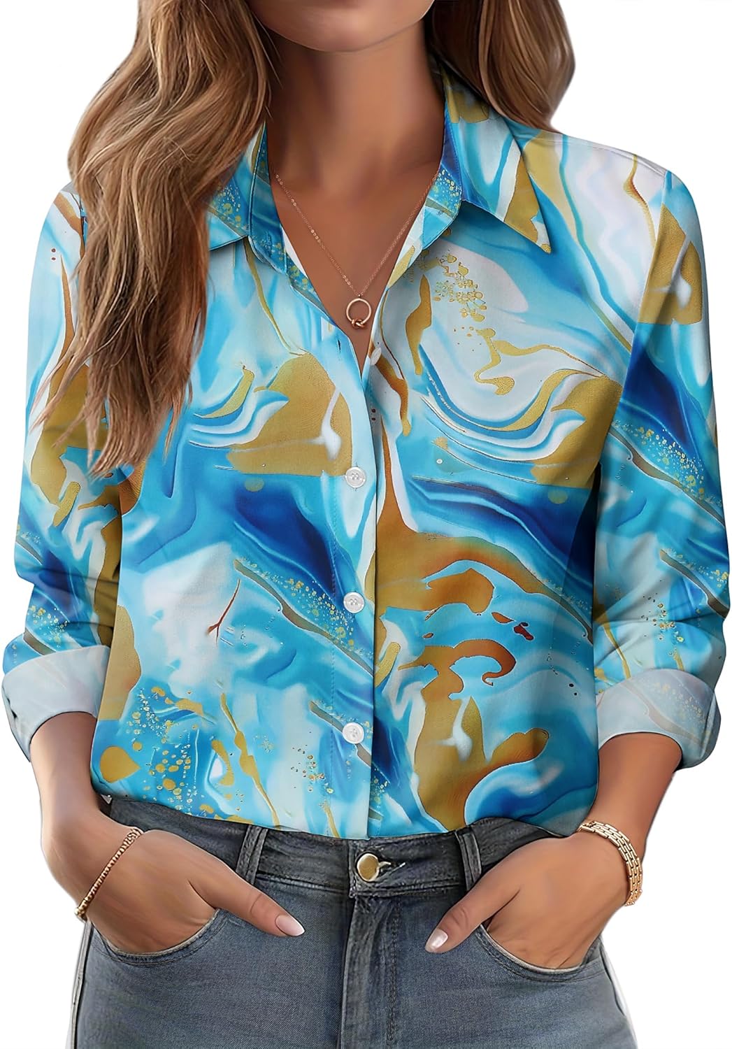 Zeagoo Button Down Shirts for Women Dressy Floral Printed Long Sleeve Blouse Business Casual Work Tops
