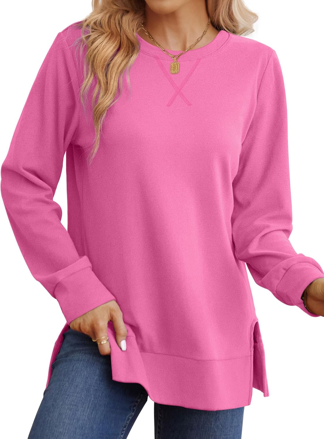 Saloogoe Sweatshirt for women Side Split Fall Fashion 2025 Long Sleeve Shirts Trending Now