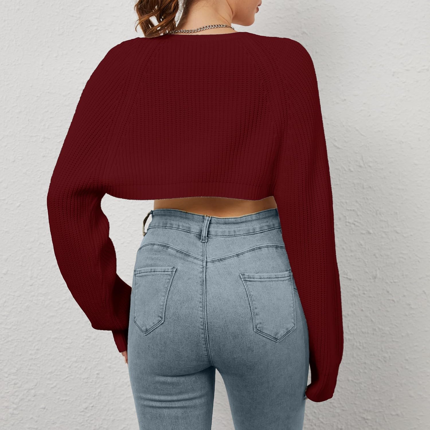 Women Open Front Ribbed Knit Crop Bolero Drop Shoulder Long Sleeve Solid Loose Fit Knitted Crop Cardigan Shrug