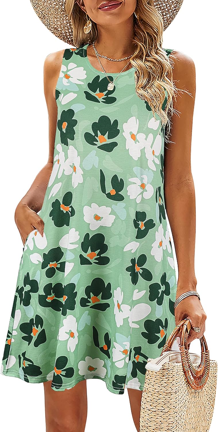 SimpleFun Summer Dresses for Women Beach Floral Tshirt Sundress Casual Pockets Boho Tank Dress