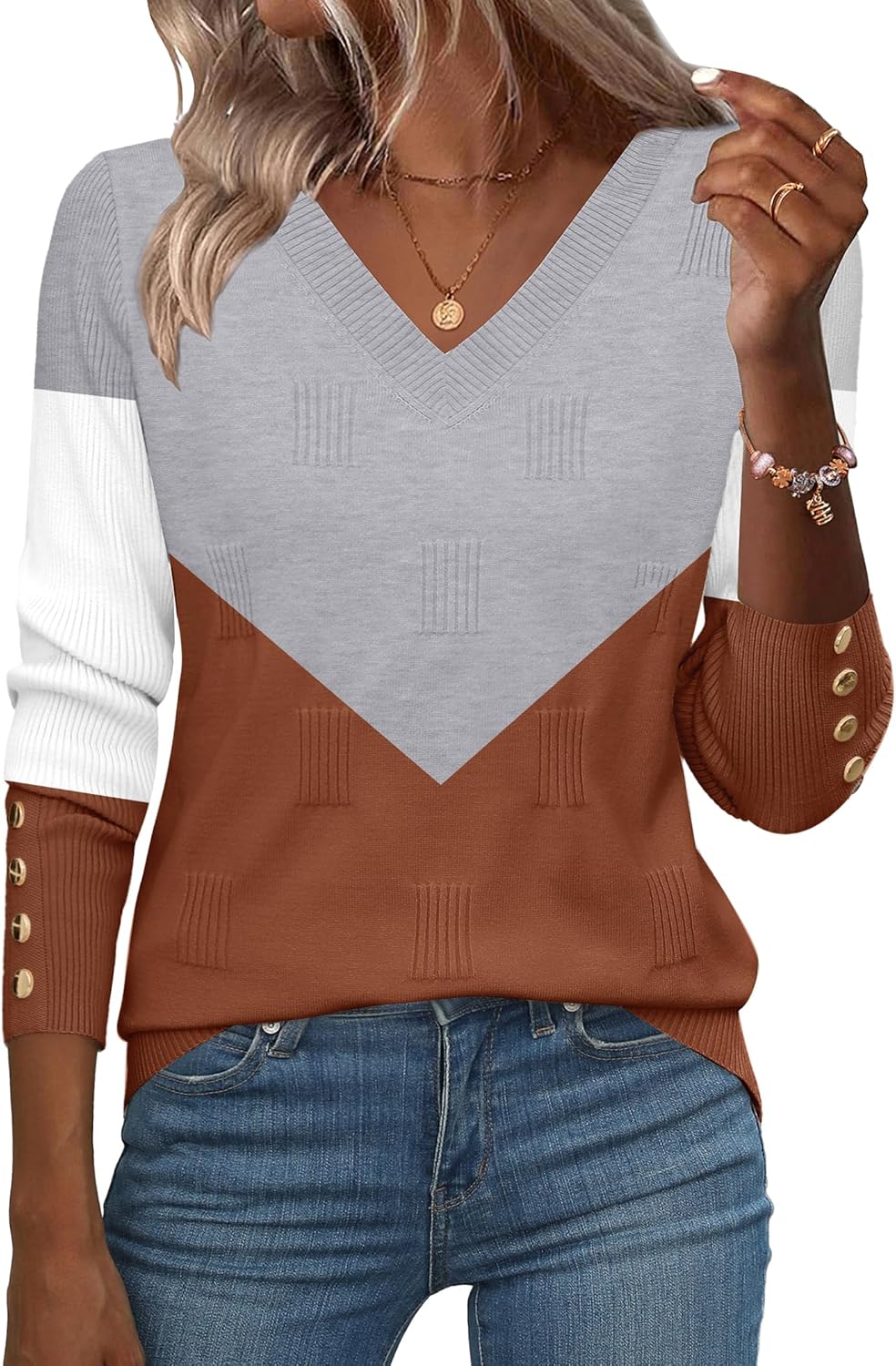 Zeagoo Womens V Neck Sweaters Shirts Long Sleeve Lightweight Ribbed Knit Pullover Sweater Blouse Tops with Buttons Oufits