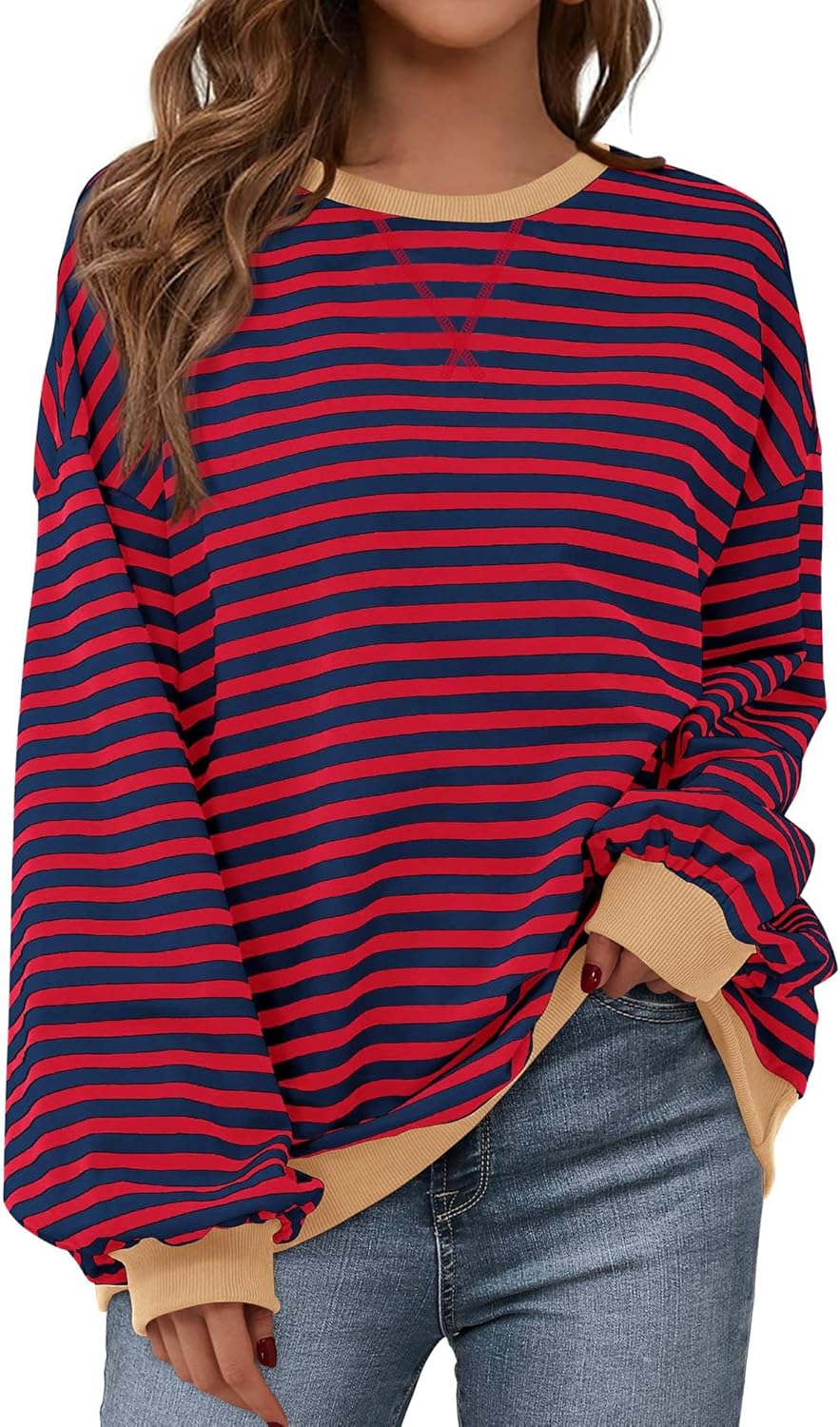 BTFBM Womens Oversized Striped Sweatshirt Crewneck Long Sleeve Pullover Top Casual Y2K Fall Clothes 2025 Workout Shirt