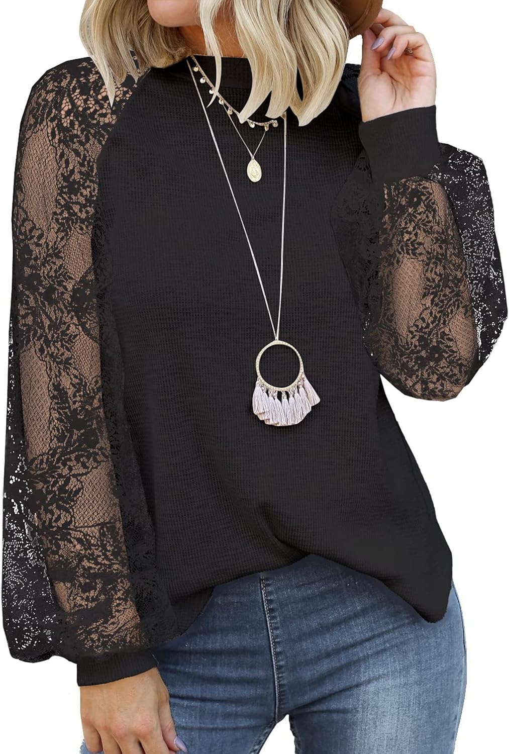 MIHOLL Women’s Long Sleeve Tops Lace Casual Loose Blouses T Shirts