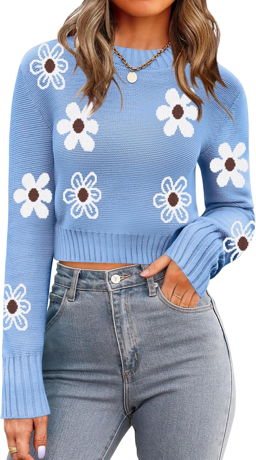 Zeagoo Women's 2025 Fall Crewneck Cropped Sweater Trendy Long Sleeve Ribbed Knit Pullover Jumper Tops