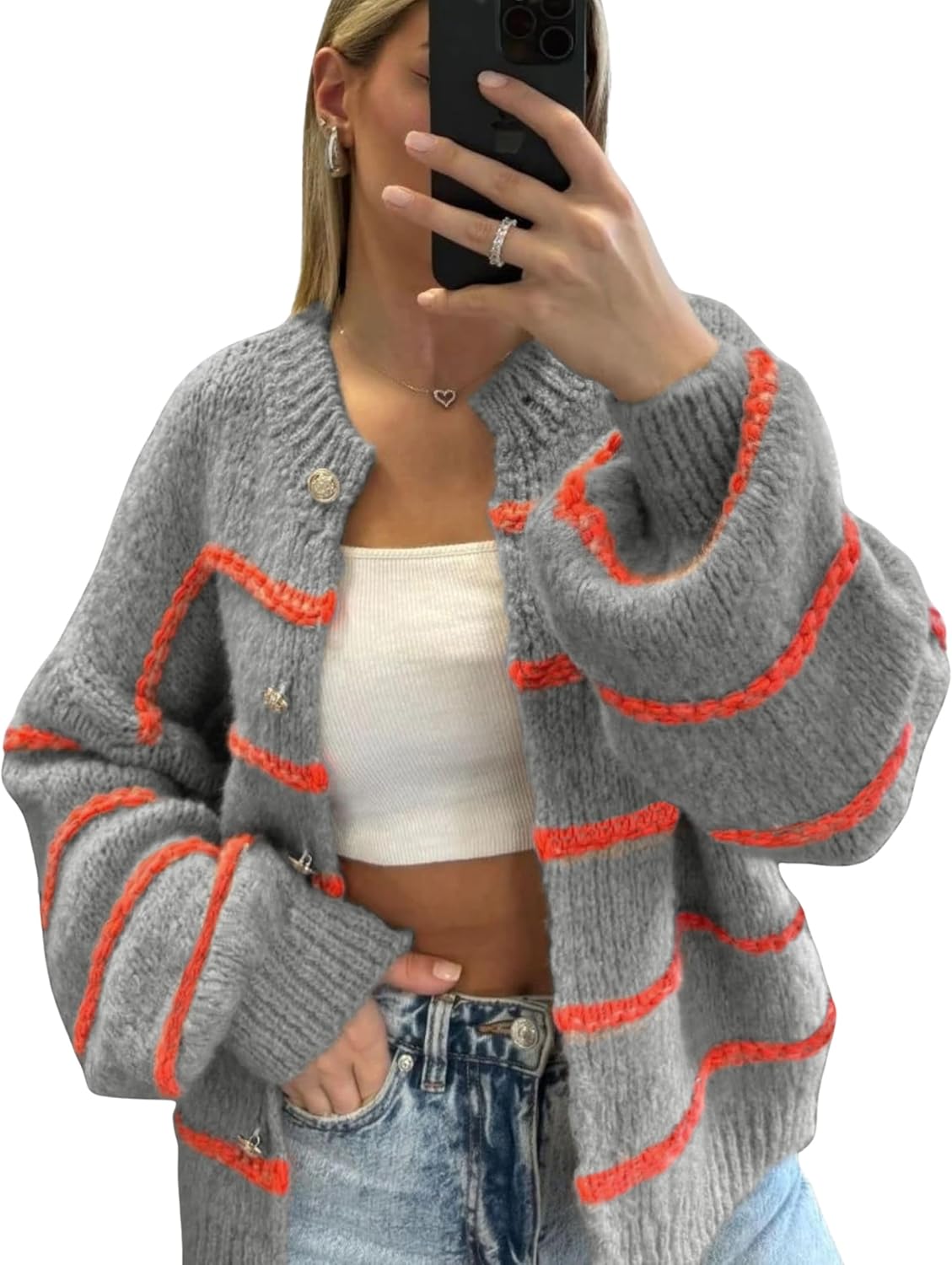 QIBABU Womens Striped Cardigan Sweaters Casual Open Front Long Sleeve Button Down Knit Outwear