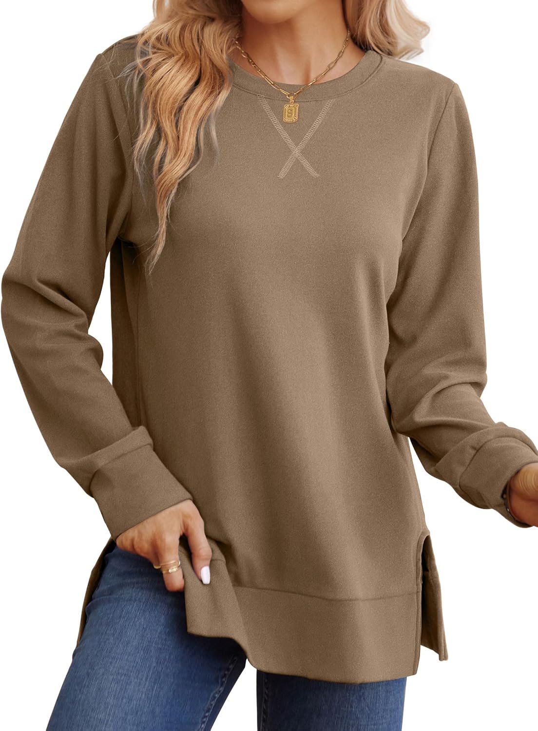 Saloogoe Sweatshirt for women Side Split Fall Fashion 2025 Long Sleeve Shirts Trending Now