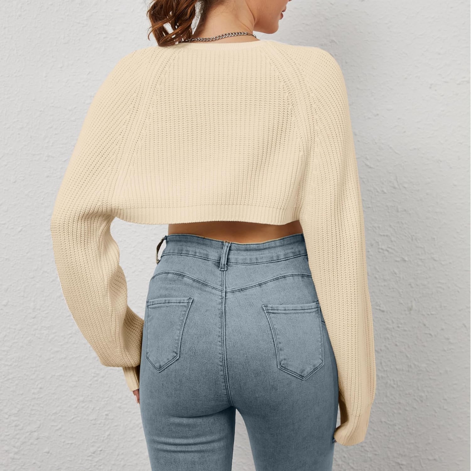 Women Open Front Ribbed Knit Crop Bolero Drop Shoulder Long Sleeve Solid Loose Fit Knitted Crop Cardigan Shrug