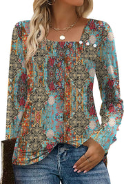 OFEEFAN Long Sleeve Shirts for Women Fall Clothes Asymmetric Square Neck Tunic Tops Decorative Buttons