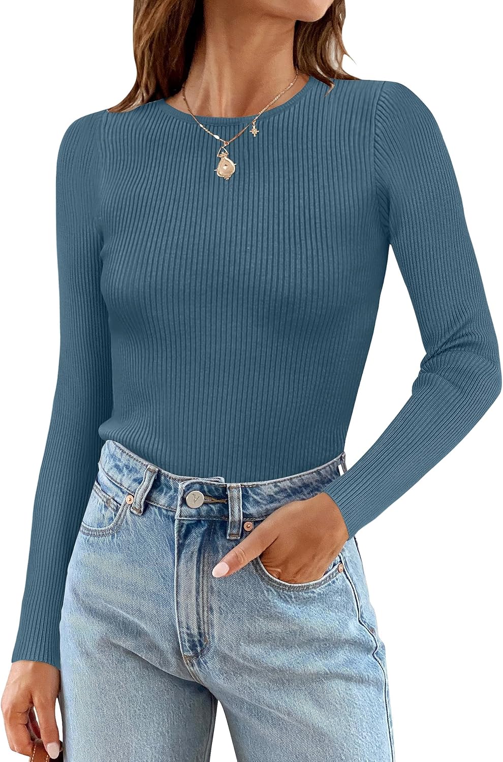 ZESICA Women's Long Sleeve Crewneck Shirts 2025 Fall Ribbed Knit Sweater Slim Fitted Casual Basic Tee Tops