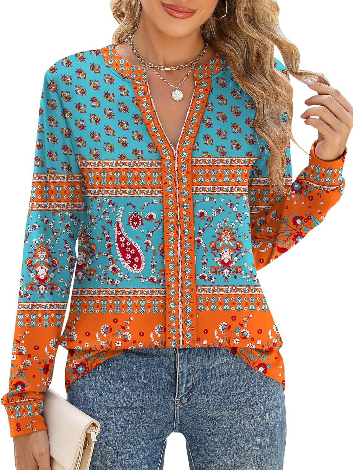 Micoson Womens Tops Dressy Casual Long Sleeve Business Knit T Shirts V Neck Pleated Work Blouses Loose Fall Trendy Clothes