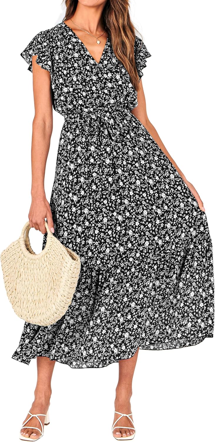 BTFBM Women Summer Bohemian Floral Casual Wrap V Neck Ruffle Cap Sleeveless Belt A-Line Pleated Hem Midi Sun Dress White