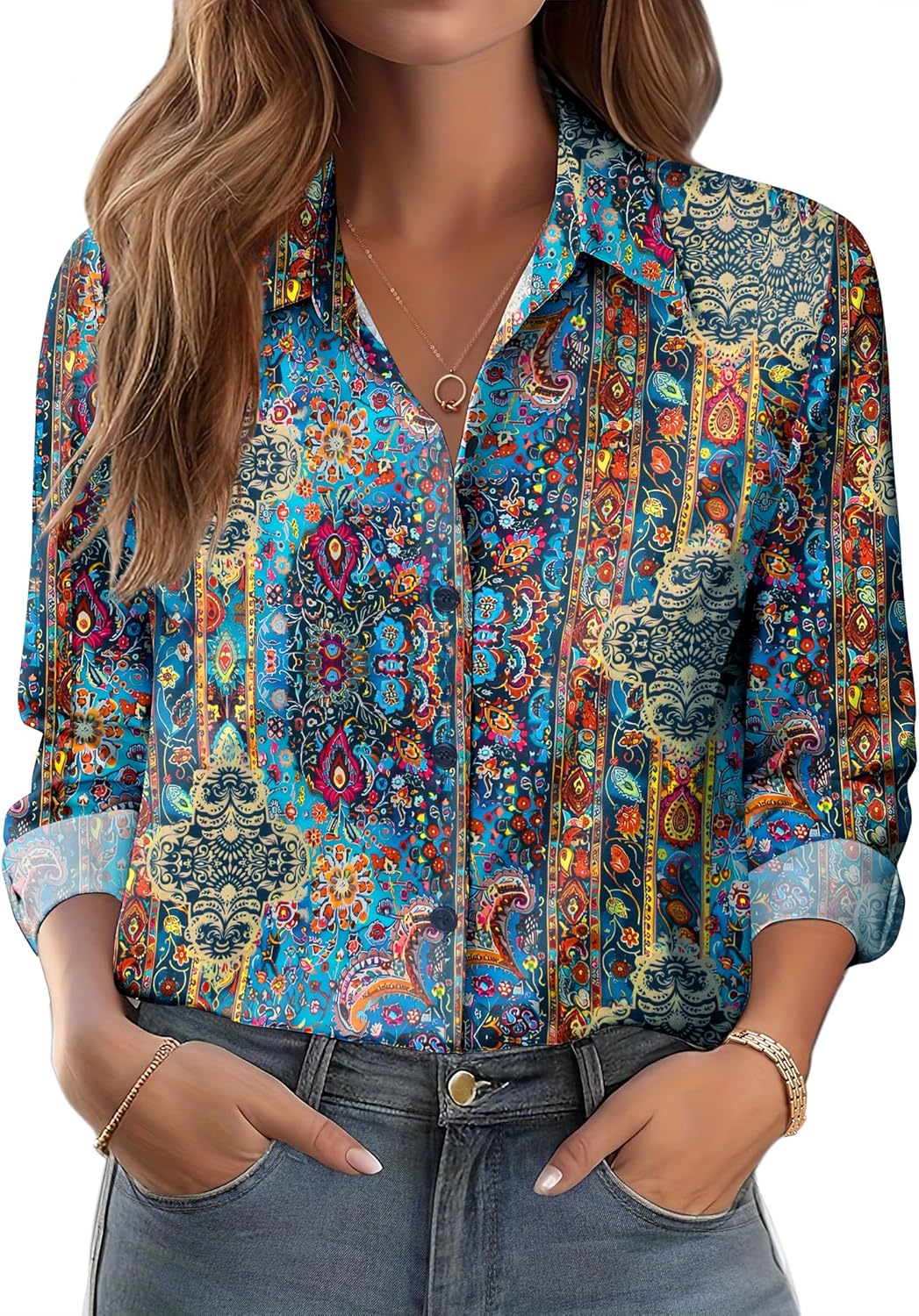 Zeagoo Button Down Shirts for Women Dressy Floral Printed Long Sleeve Blouse Business Casual Work Tops