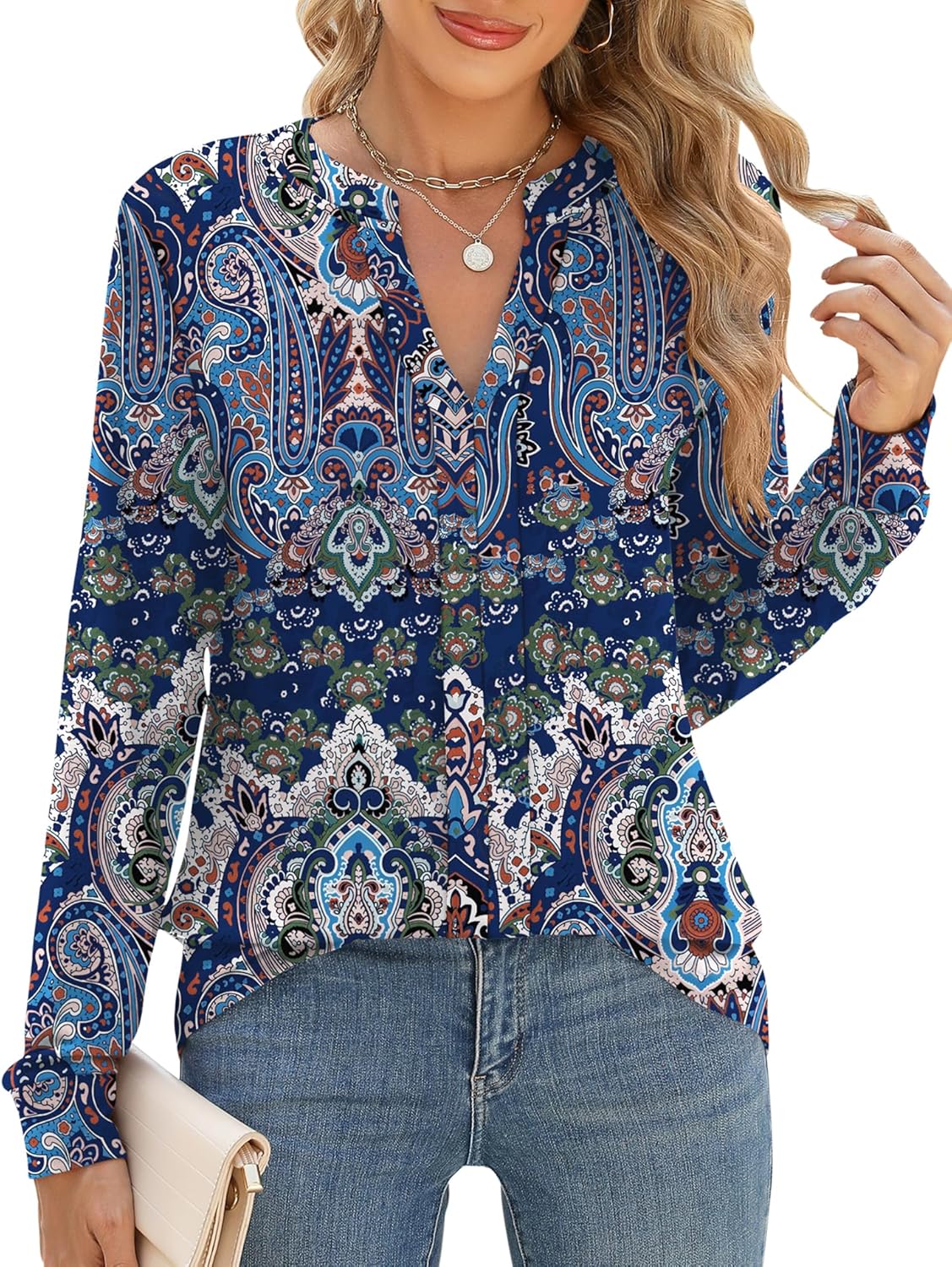 Micoson Womens Tops Dressy Casual Long Sleeve Business Knit T Shirts V Neck Pleated Work Blouses Loose Fall Trendy Clothes