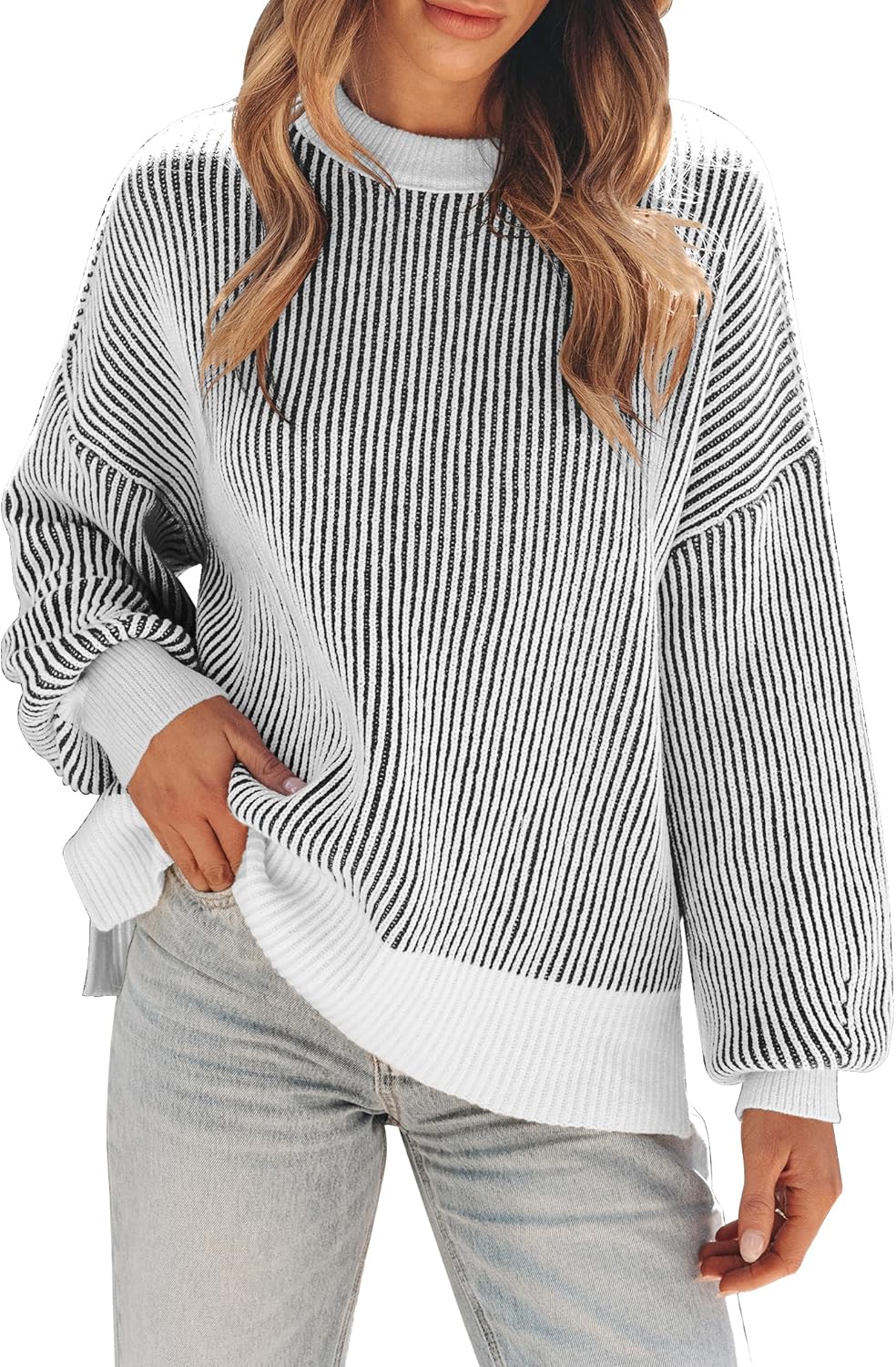 Womens Sweaters Fall 2025 Clothes Oversized Long Sleeve Colorblock Striped Knit Pullover Tops Casual Winter Trendy Outfits