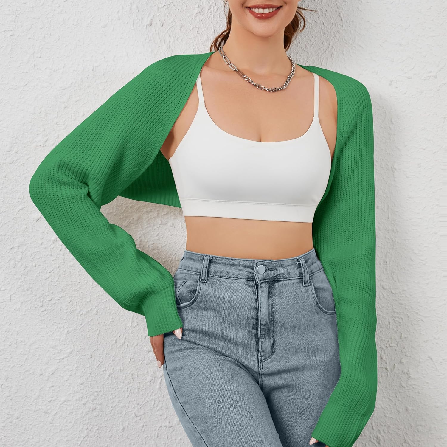 Women Open Front Ribbed Knit Crop Bolero Drop Shoulder Long Sleeve Solid Loose Fit Knitted Crop Cardigan Shrug