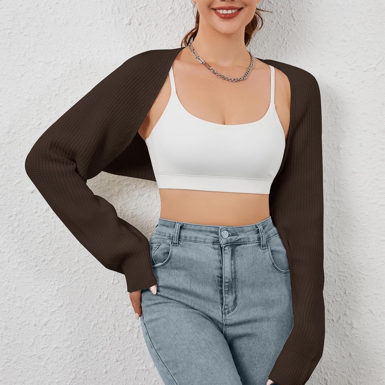 Women Open Front Ribbed Knit Crop Bolero Drop Shoulder Long Sleeve Solid Loose Fit Knitted Crop Cardigan Shrug