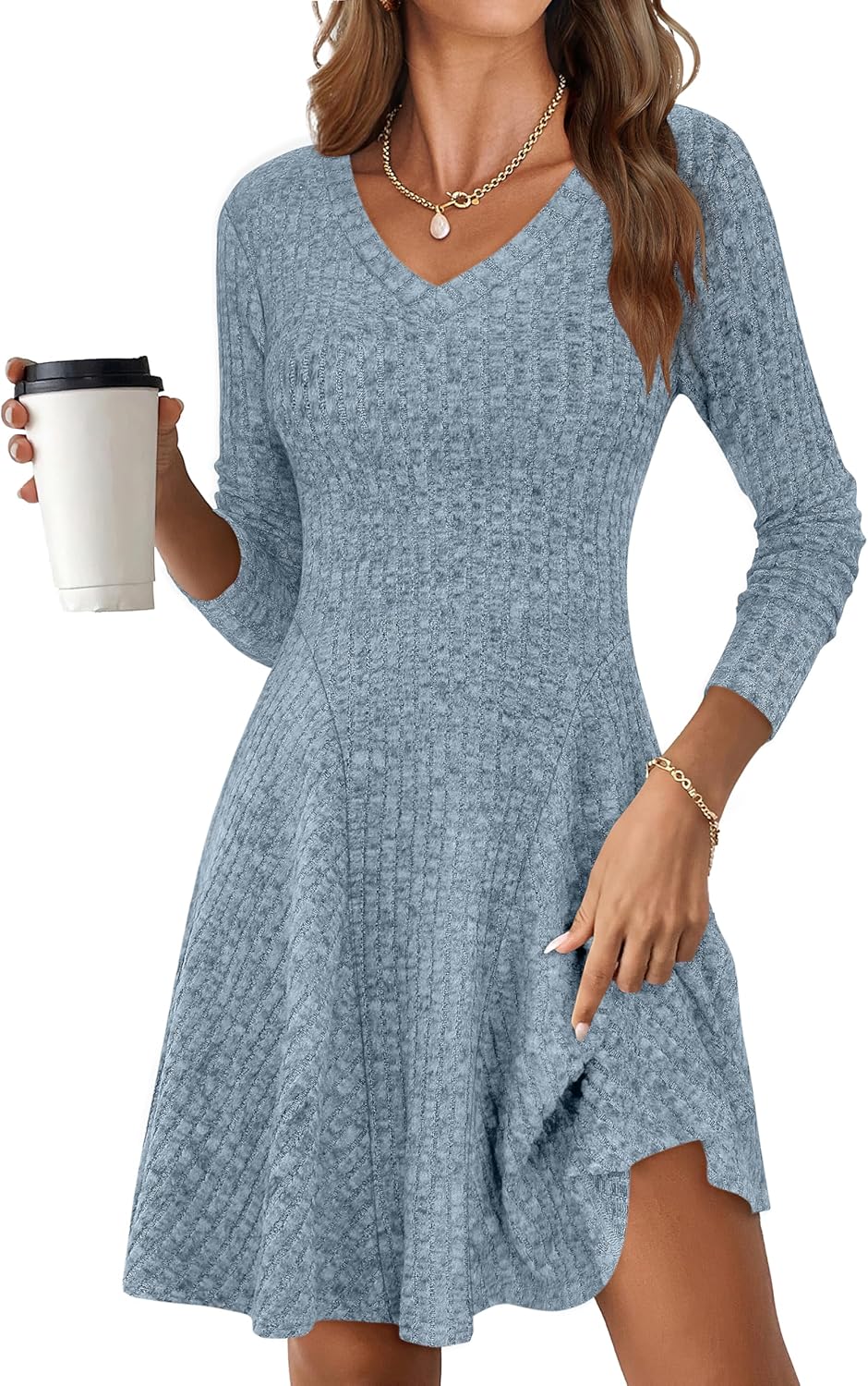 ANRABESS Women Long Sleeve Ribbed Knit Short Dresses 2025 Fall Winter V Neck Casual Swing A Line Sweater Dress