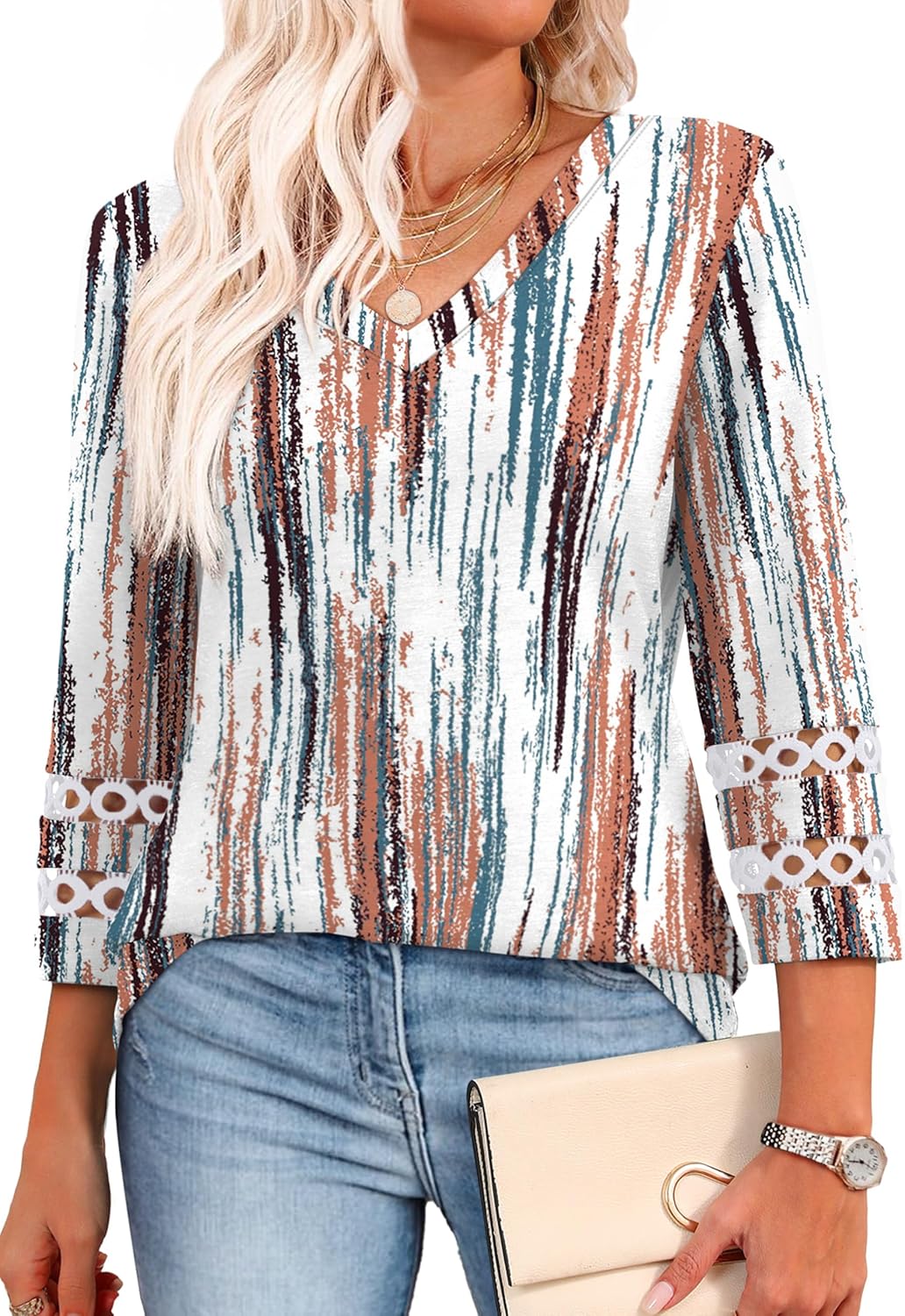 XIEERDUO 3/4 Length Sleeve Womens Tops Dressy Casual Blouses for Women 2025 Trendy V Neck T Shirts Summer Clothes