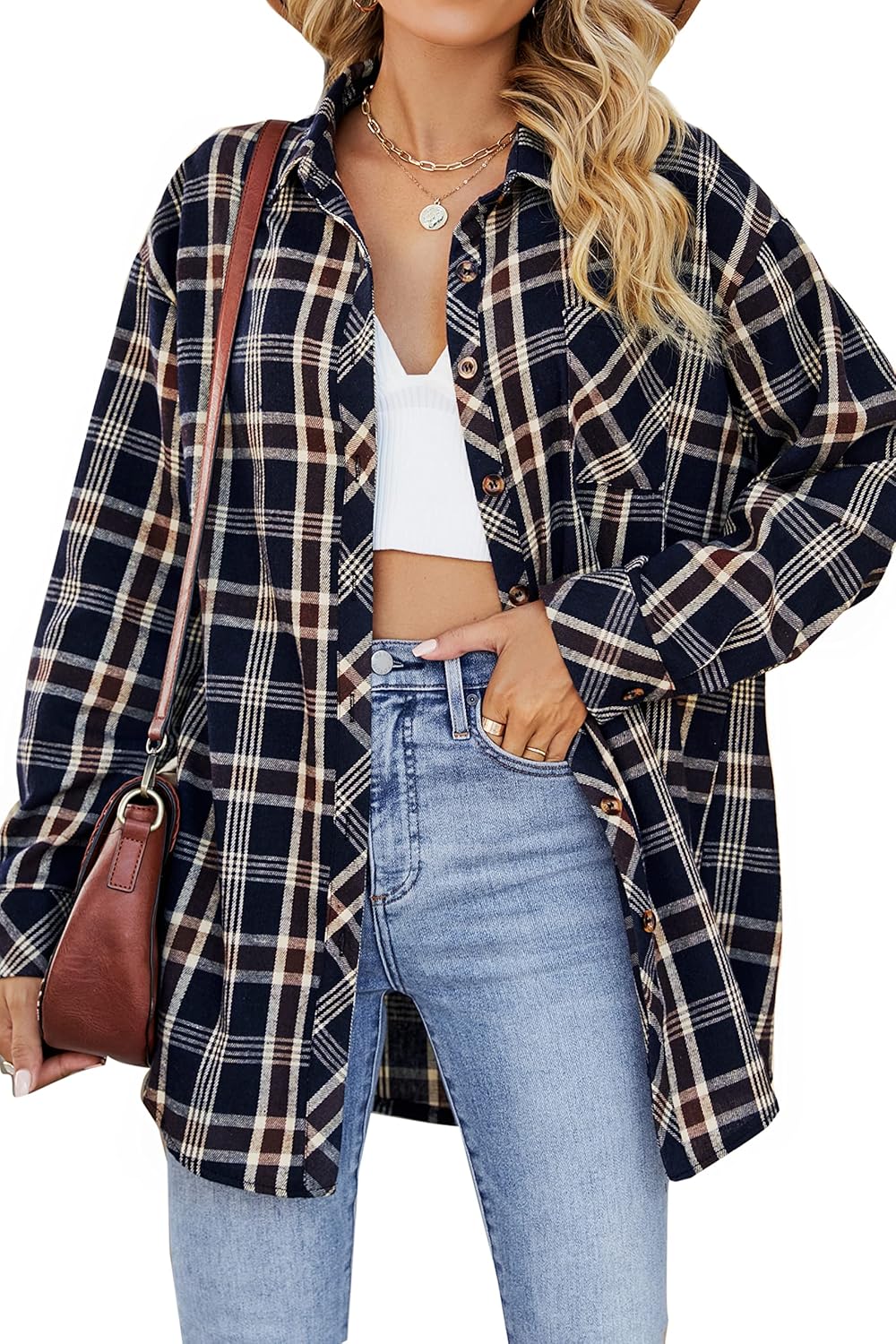 CHYRII Womens Button Down Flannel Shirts Long Sleeve Plaid Shackets Business Casual Blouse Top