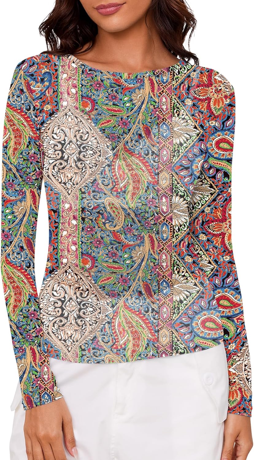 AKEWEI Womens Mesh Long Sleeve Tops Crew Neck Sexy See Through Tee Shirts Party Club Night Lace Blouse