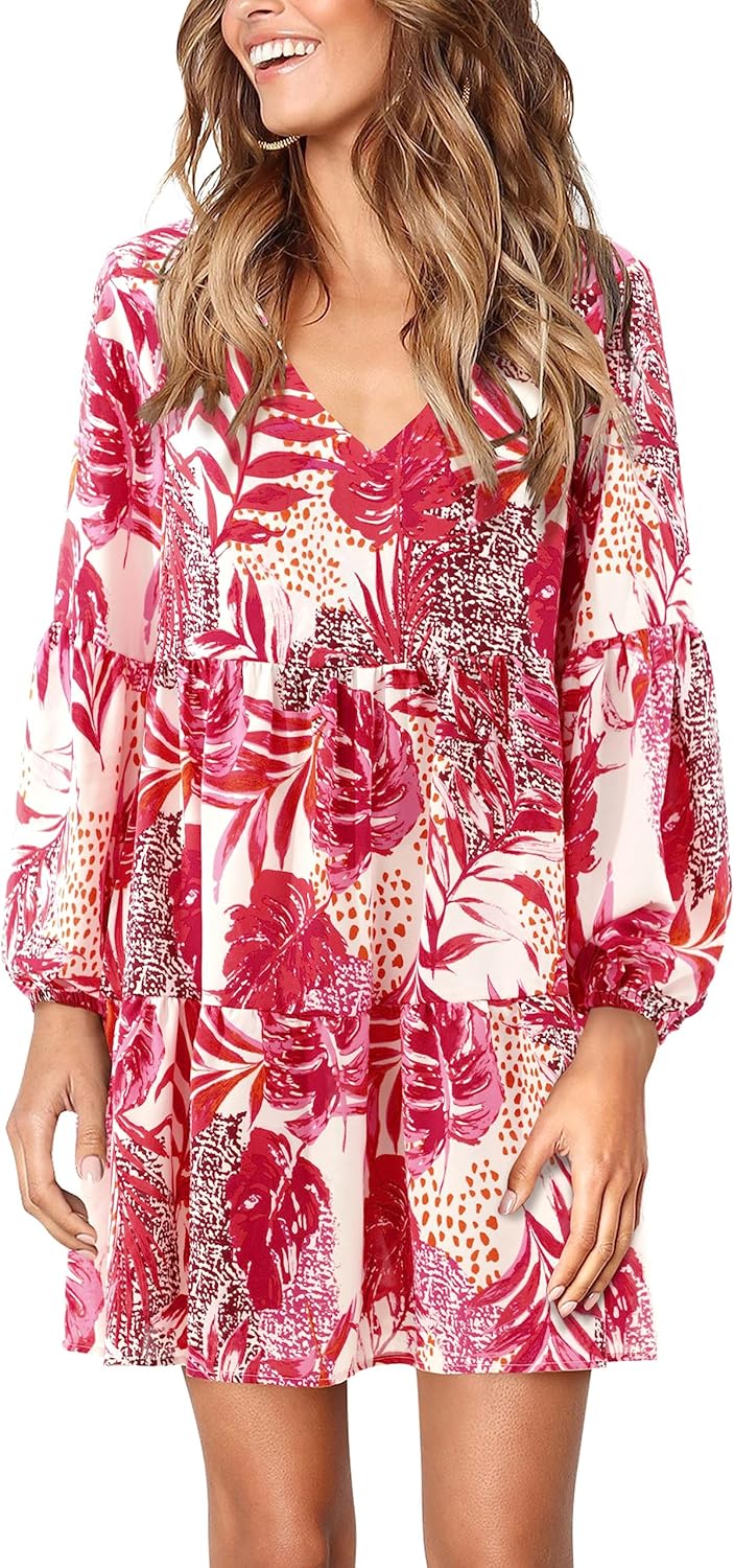 Amoretu Womens Tunic Dress Long Sleeve V Neck Casual Loose Flowy Swing Shift Dresses