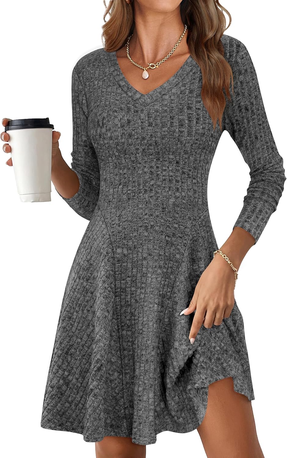 ANRABESS Women Long Sleeve Ribbed Knit Short Dresses 2025 Fall Winter V Neck Casual Swing A Line Sweater Dress