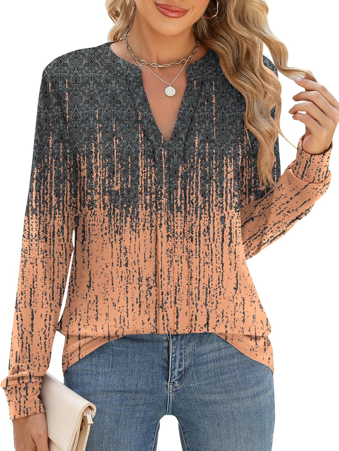 Micoson Womens Tops Dressy Casual Long Sleeve Business Knit T Shirts V Neck Pleated Work Blouses Loose Fall Trendy Clothes