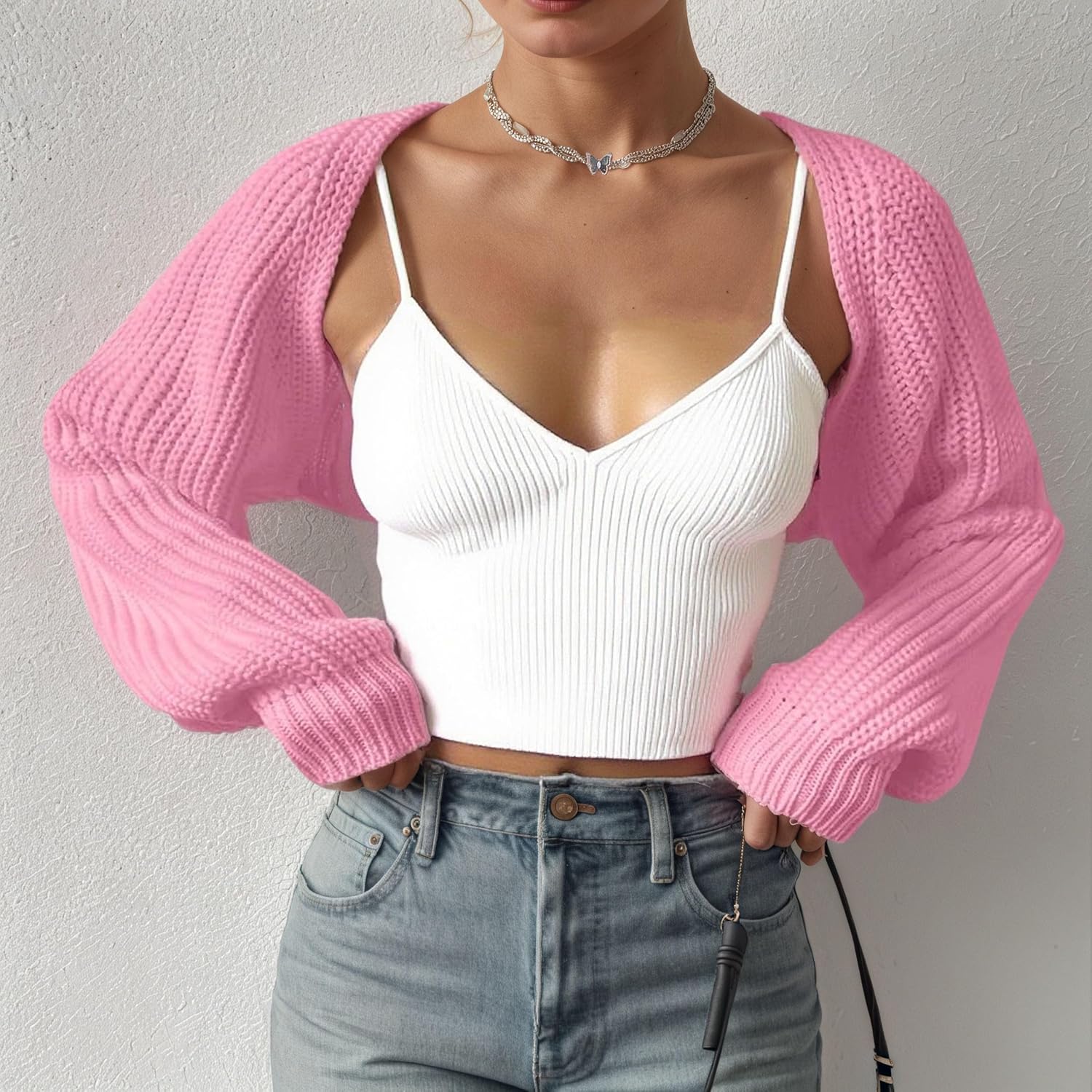 Women Open Front Ribbed Knit Crop Bolero Drop Shoulder Long Sleeve Solid Loose Fit Knitted Crop Cardigan Shrug