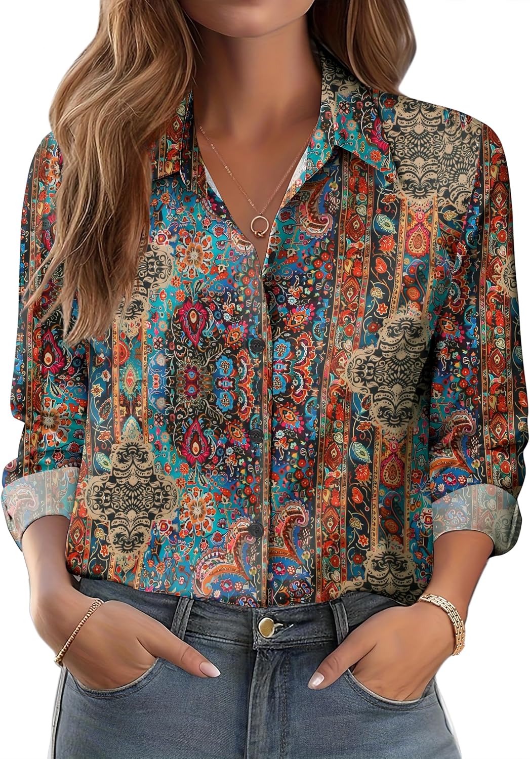 Zeagoo Button Down Shirts for Women Dressy Floral Printed Long Sleeve Blouse Business Casual Work Tops