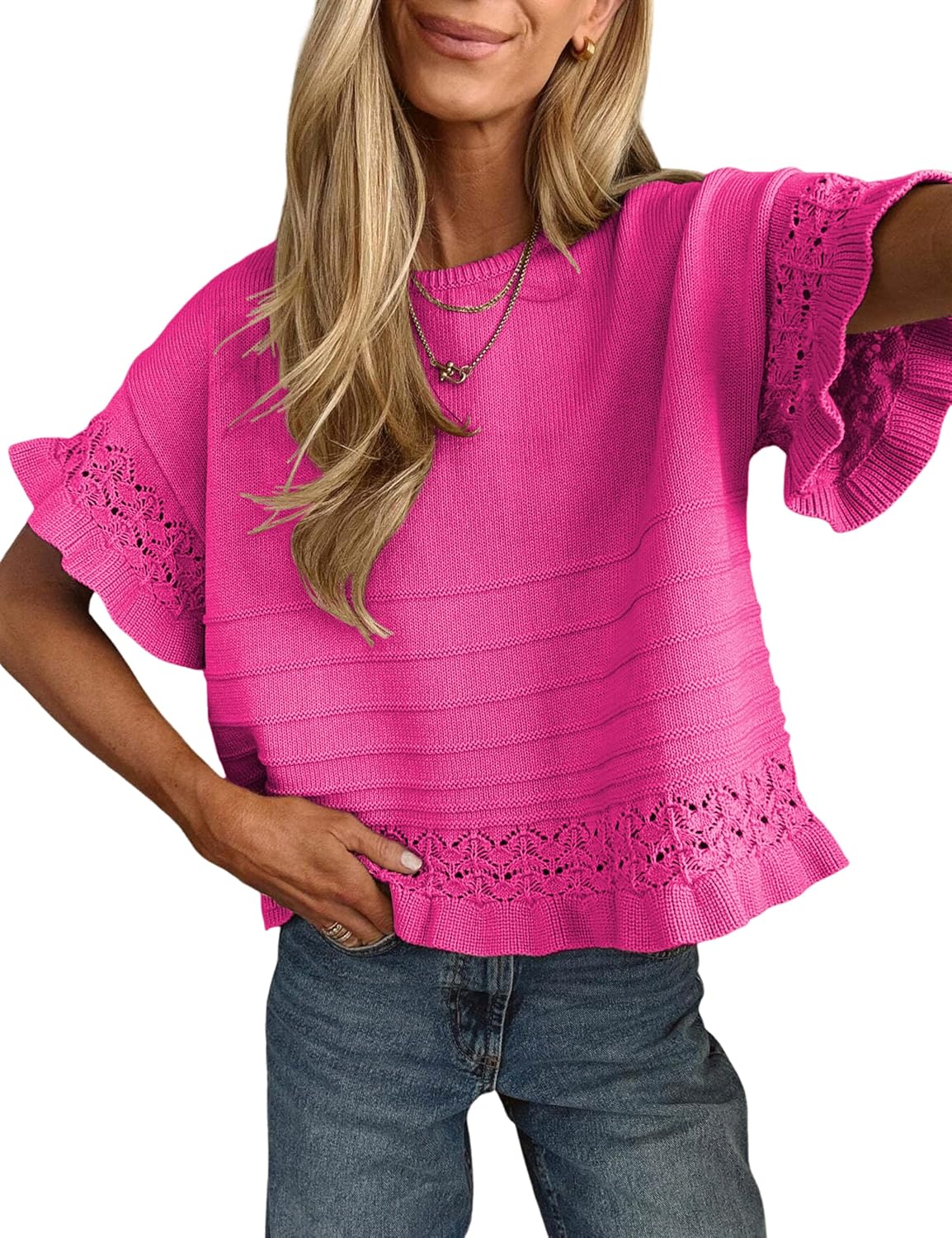 Yeokou Womens Short Sleeve Sweater Round Neck Ruffled Hem Knit Crochet Pullover Summer Fall Casual Top Blouse