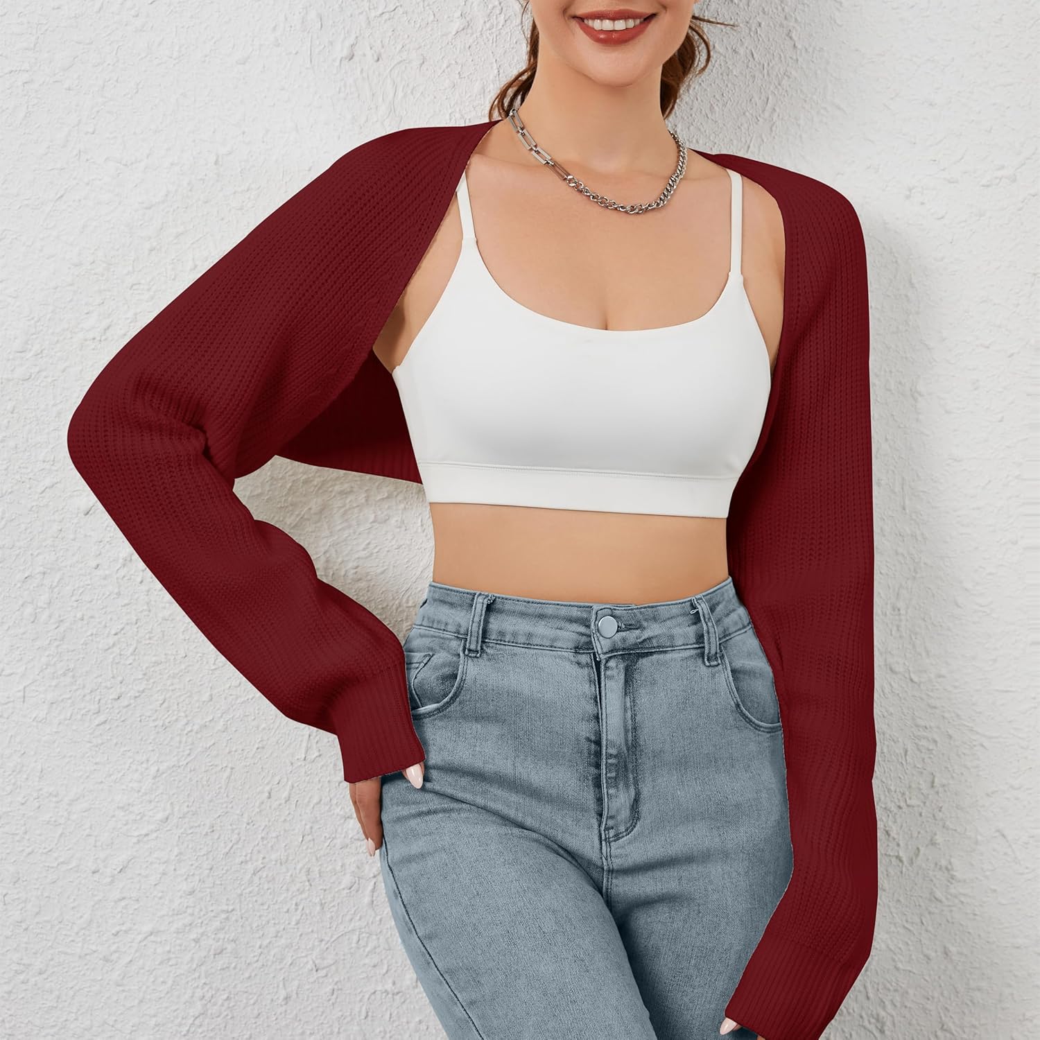 Women Open Front Ribbed Knit Crop Bolero Drop Shoulder Long Sleeve Solid Loose Fit Knitted Crop Cardigan Shrug
