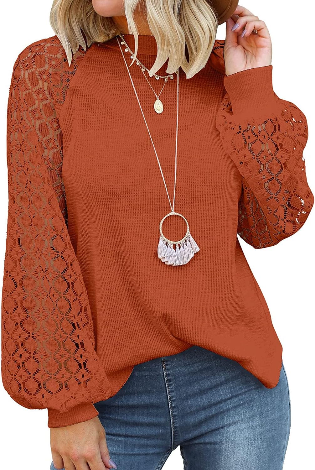 MIHOLL Women’s Long Sleeve Tops Lace Casual Loose Blouses T Shirts