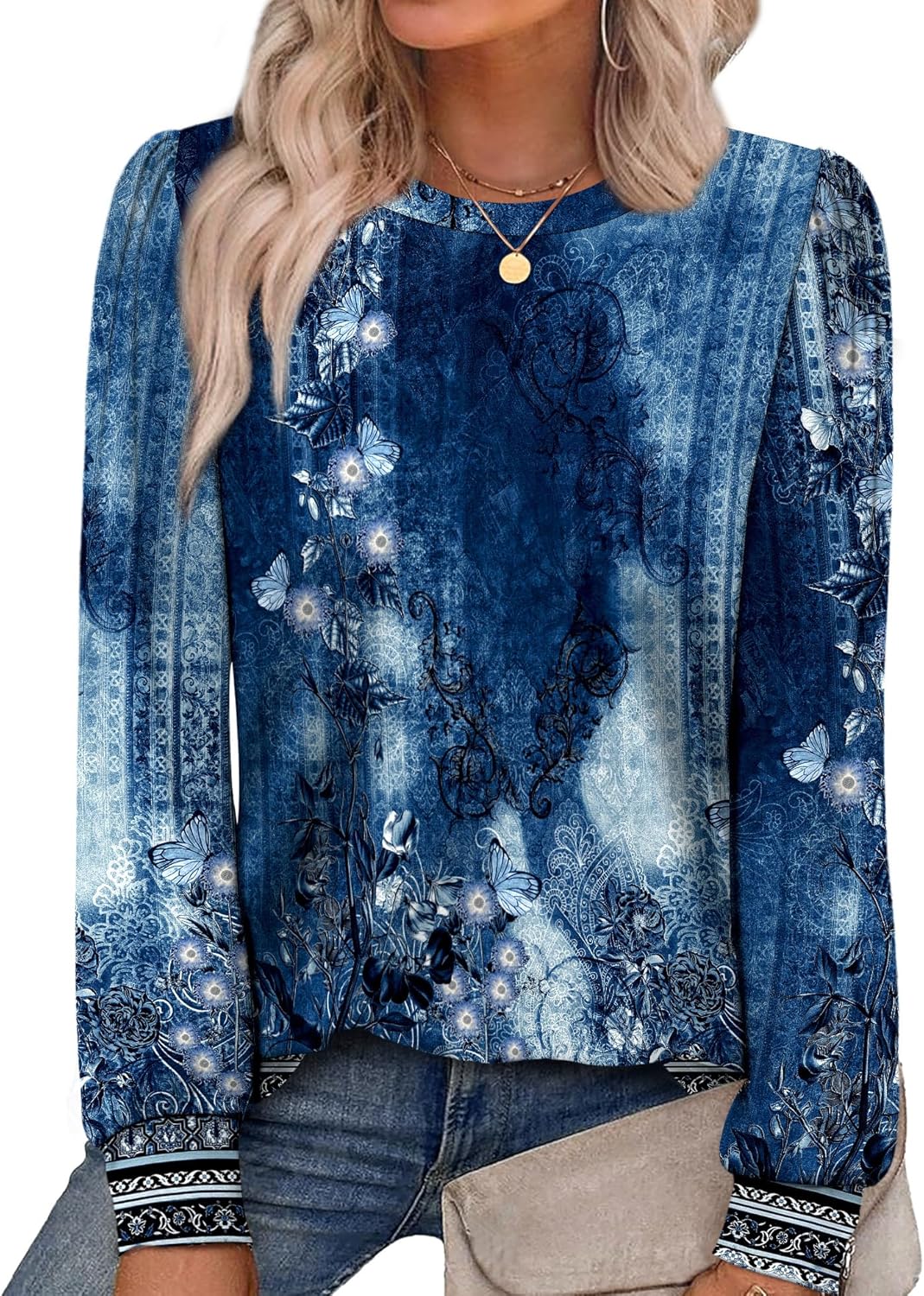 Alaroo Womens Long Sleeve Shirts 2025 Fall Tunic Tops Crewneck Blouses Print