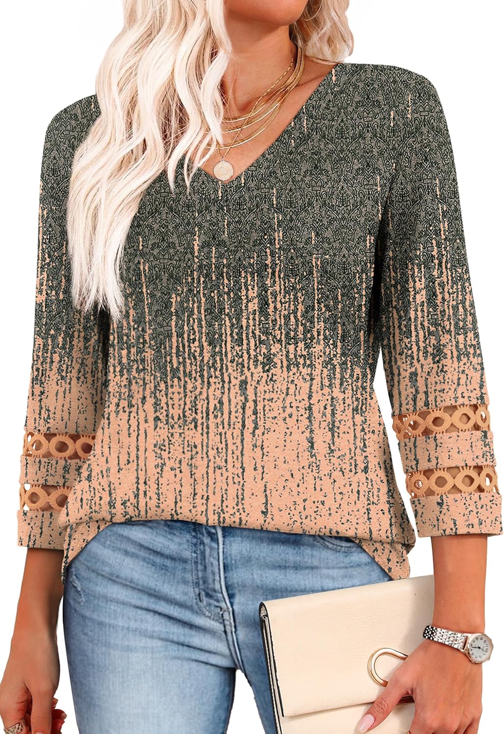 XIEERDUO 3/4 Length Sleeve Womens Tops Dressy Casual Blouses for Women 2025 Trendy V Neck T Shirts Summer Clothes