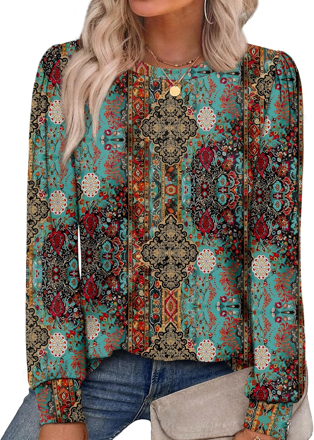 Alaroo Womens Long Sleeve Shirts 2025 Fall Tunic Tops Crewneck Blouses Print