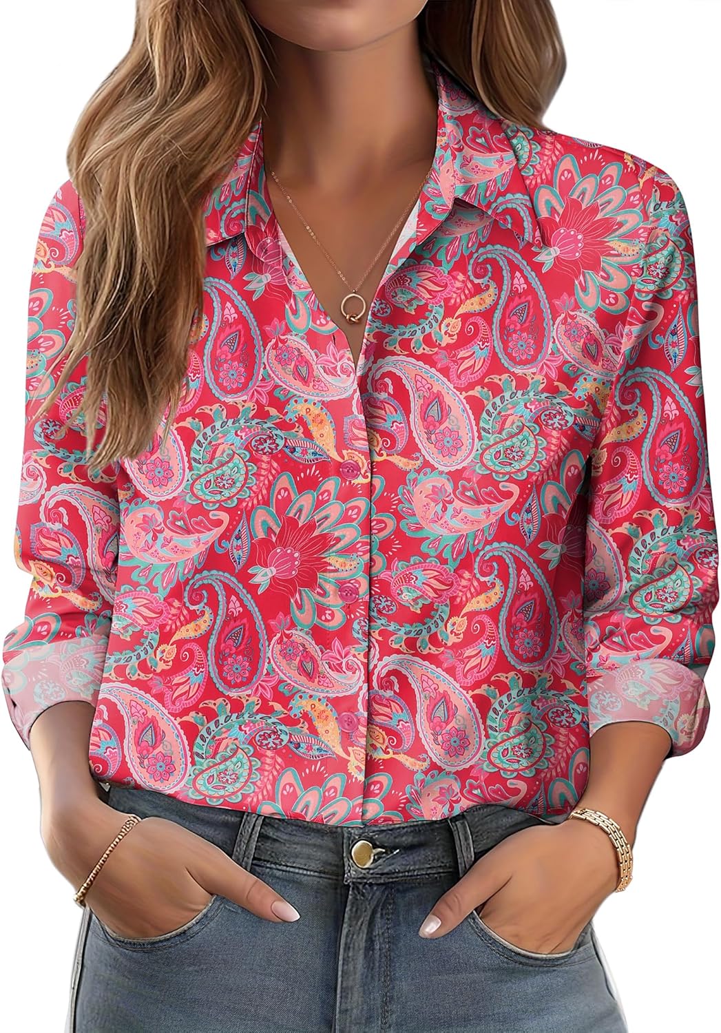 Zeagoo Button Down Shirts for Women Dressy Floral Printed Long Sleeve Blouse Business Casual Work Tops