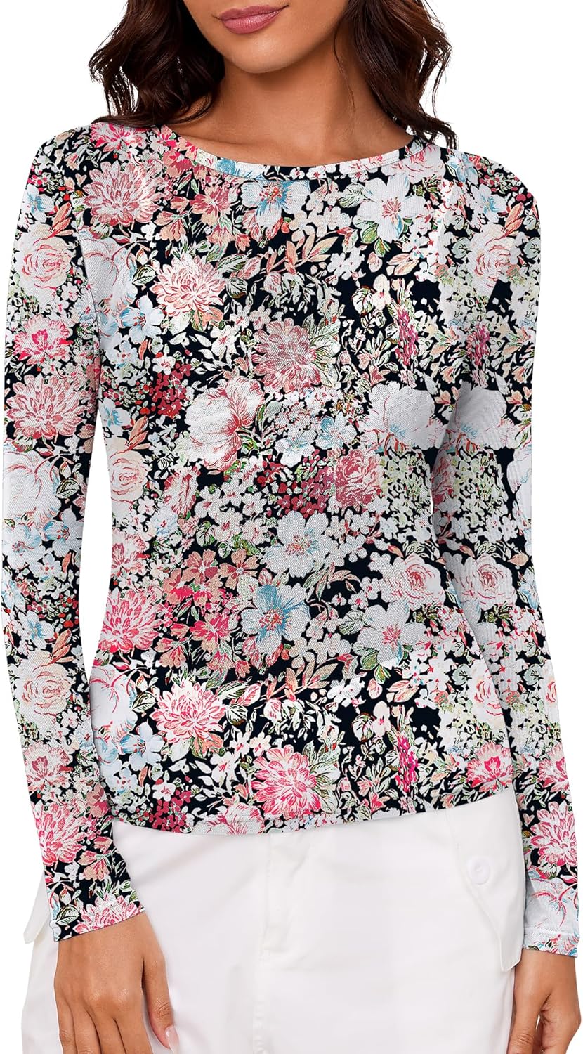 AKEWEI Womens Mesh Long Sleeve Tops Crew Neck Sexy See Through Tee Shirts Party Club Night Lace Blouse