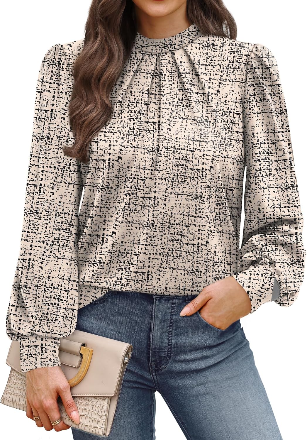 WIHOLL Long Sleeve Shirts for Women Mock Neck Tops Pleated Front Blouses Dressy Casual Fall Clothes 2025 Fashion