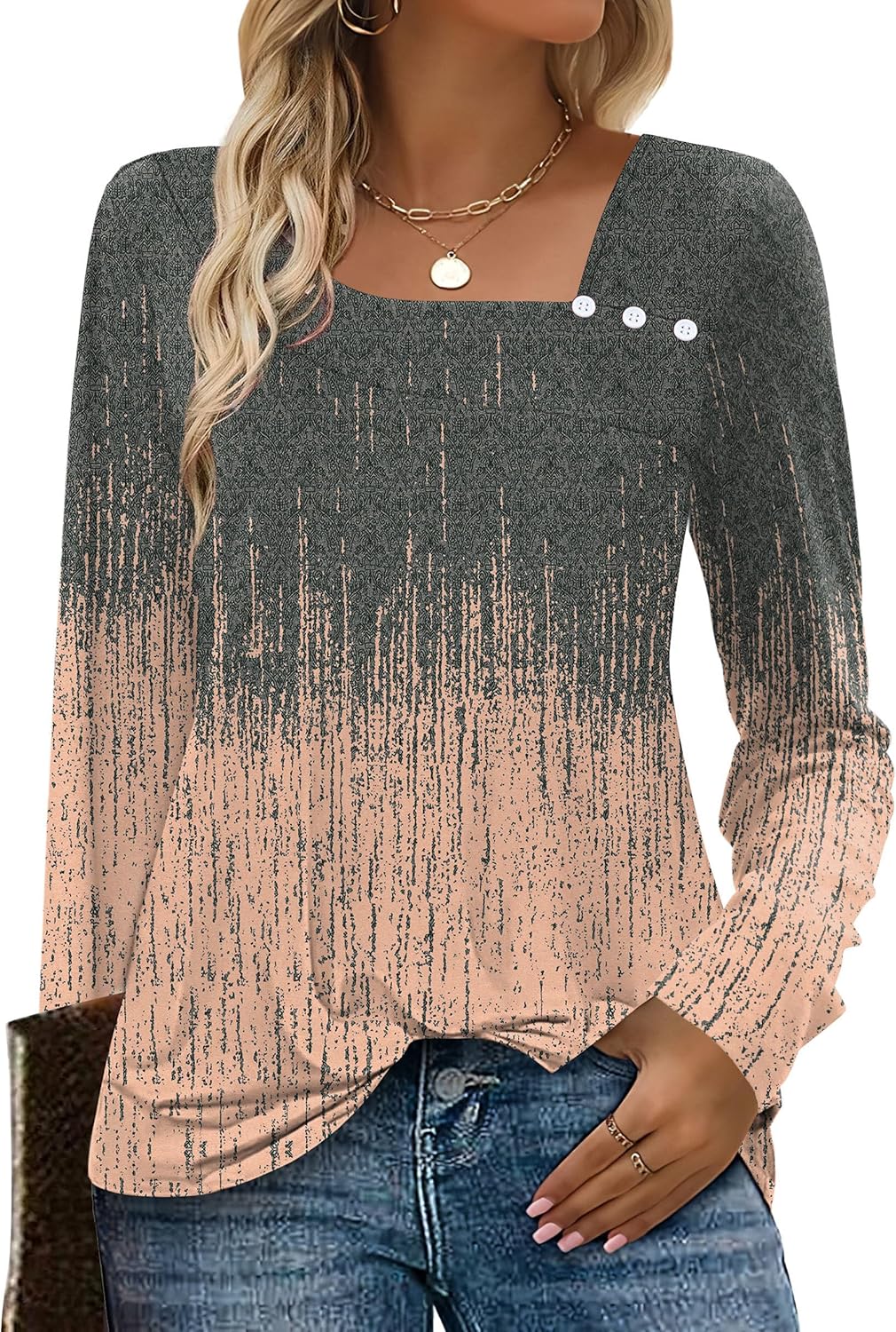 OFEEFAN Long Sleeve Shirts for Women Fall Clothes Asymmetric Square Neck Tunic Tops Decorative Buttons