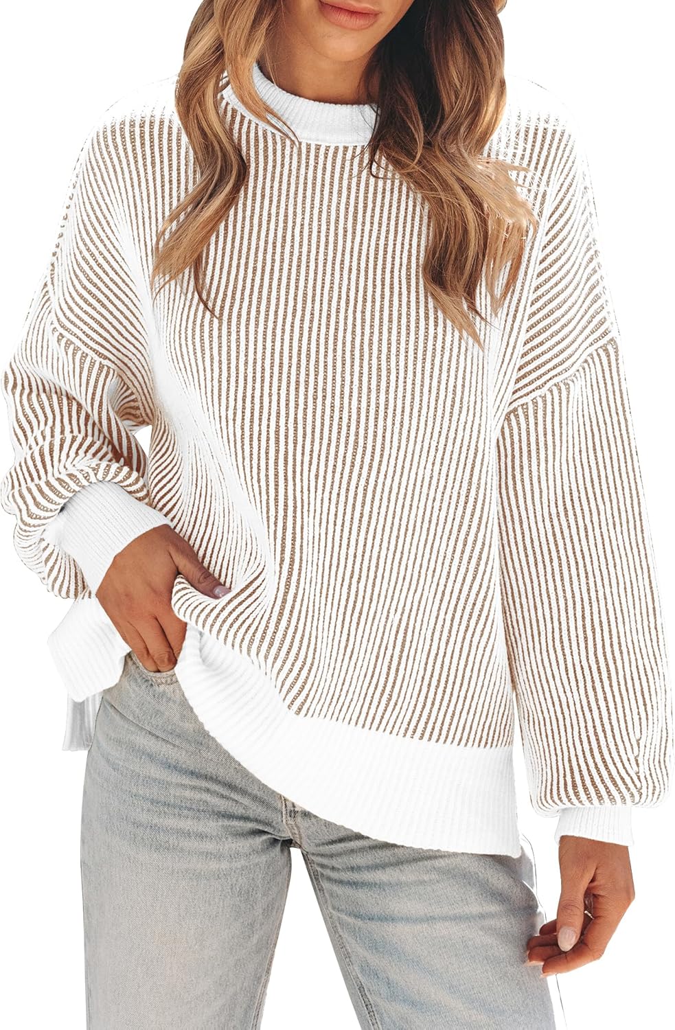 Womens Sweaters Fall 2025 Clothes Oversized Long Sleeve Colorblock Striped Knit Pullover Tops Casual Winter Trendy Outfits