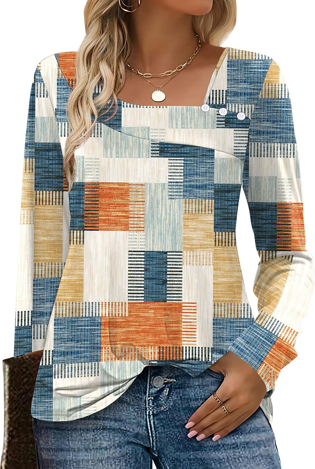 OFEEFAN Long Sleeve Shirts for Women Fall Clothes Asymmetric Square Neck Tunic Tops Decorative Buttons