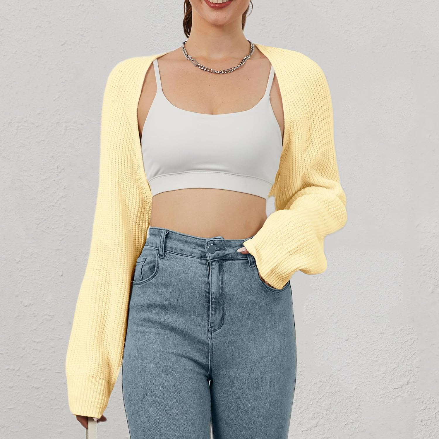 Women Open Front Ribbed Knit Crop Bolero Drop Shoulder Long Sleeve Solid Loose Fit Knitted Crop Cardigan Shrug