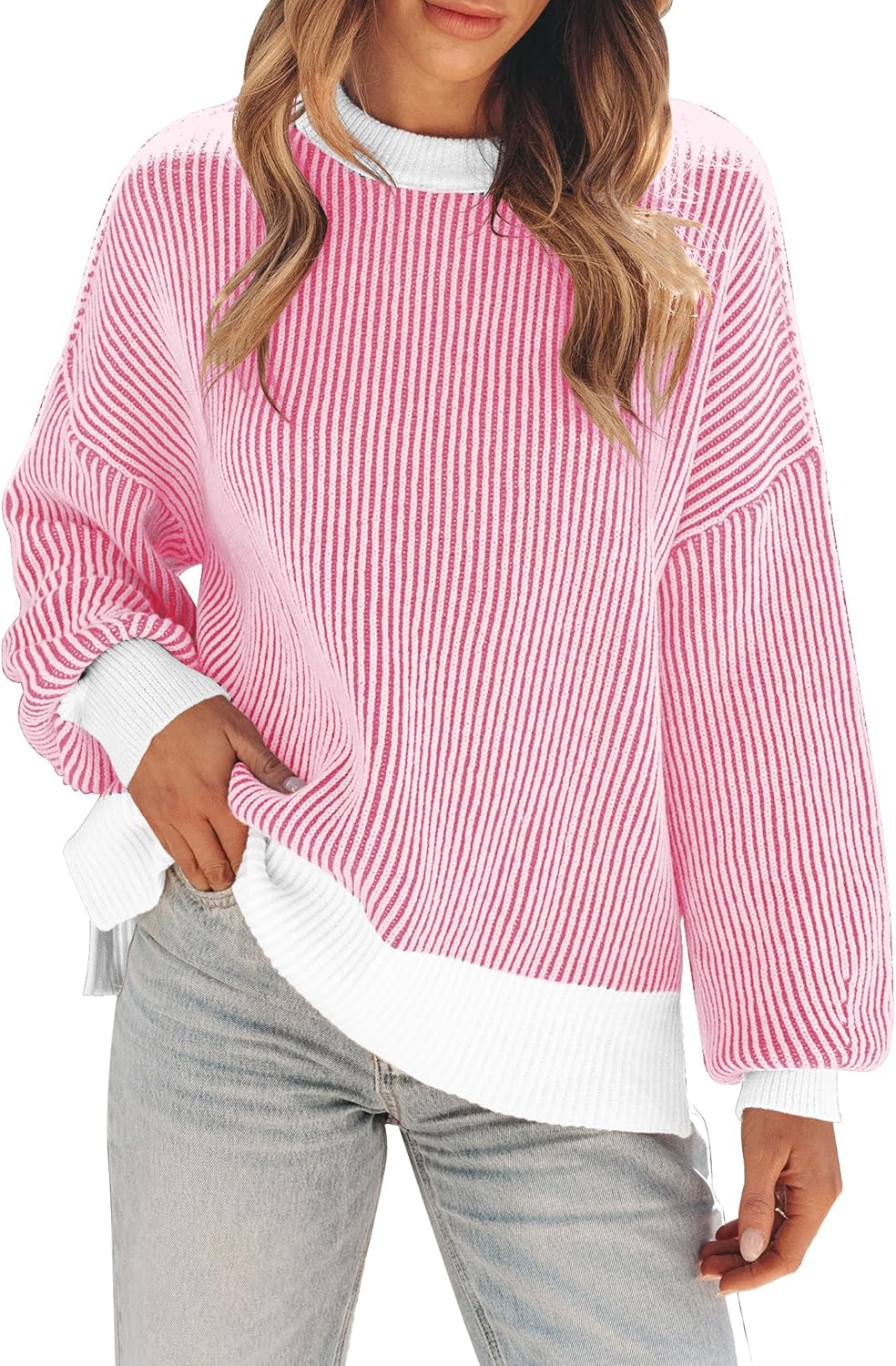 Womens Sweaters Fall 2025 Clothes Oversized Long Sleeve Colorblock Striped Knit Pullover Tops Casual Winter Trendy Outfits