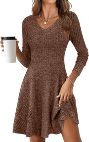 ANRABESS Women Long Sleeve Ribbed Knit Short Dresses 2025 Fall Winter V Neck Casual Swing A Line Sweater Dress