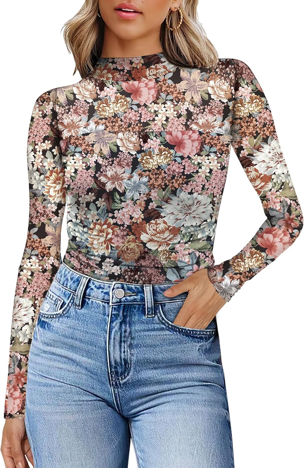 Womens Sexy Mesh Long Sleeve Shirts Fashion Clothing Turtle Necks Sheer Ruched Going Out Tops Fall Outfits Slim Fit Blouses